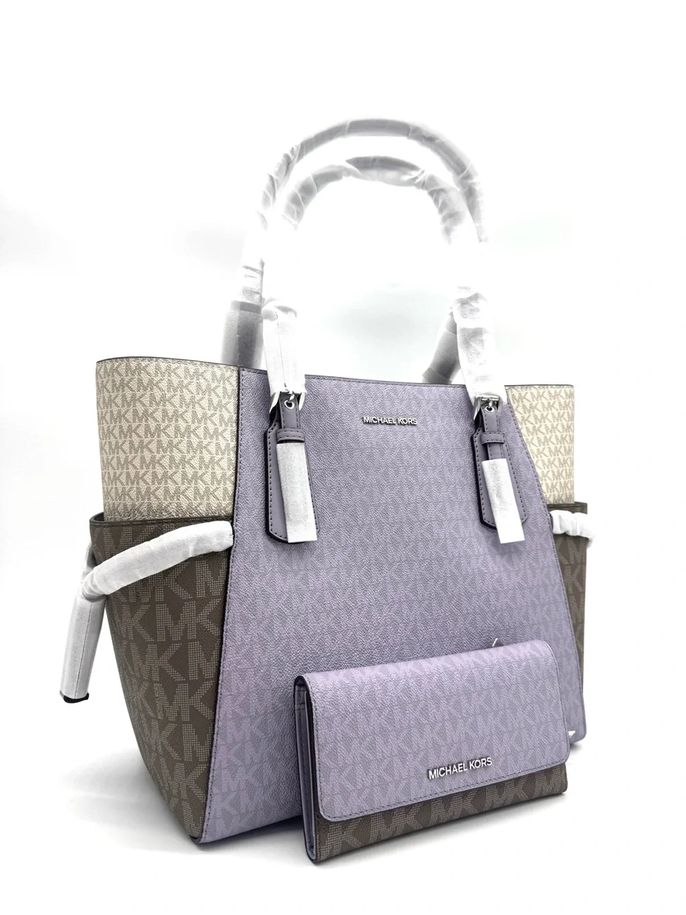 Michael Kors Voyager Large Color-Block Tote Bag w Matching Trifold Wallet Lilac